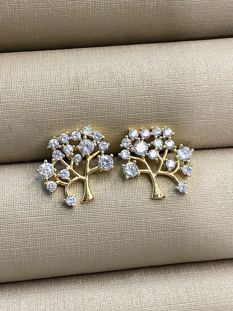 Brinco Folheado Árvore da Vida Cravejado Dourado