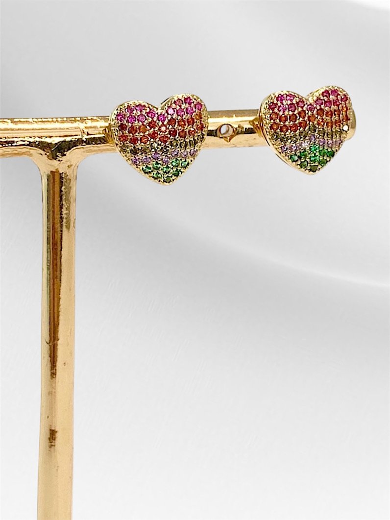 Brinco Folheado de Coração de Zircônia Colorida Dourado