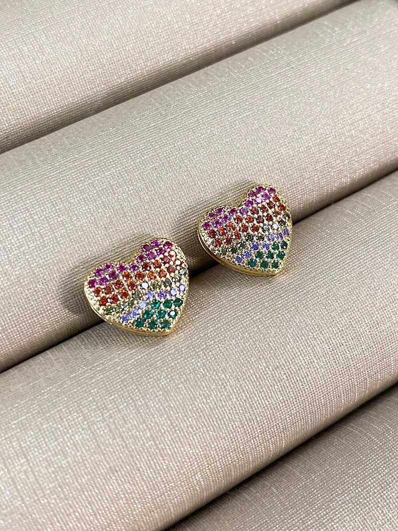 Brinco Folheado de Coração de Zircônia Colorida Dourado