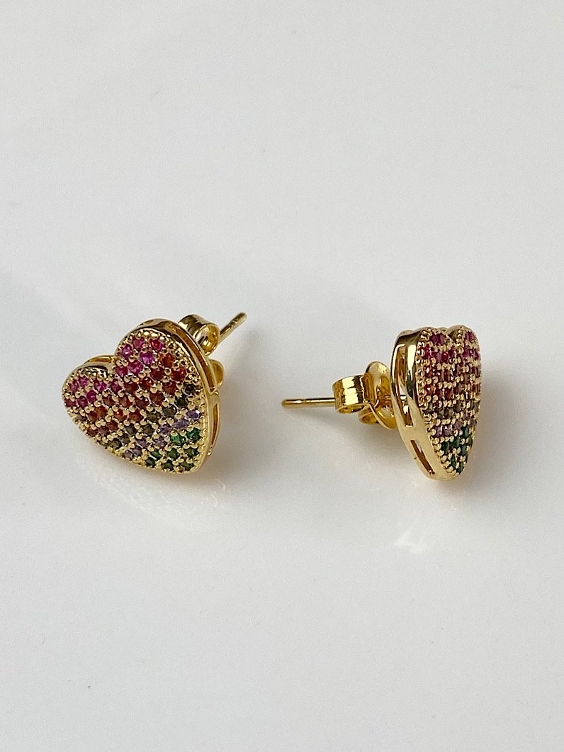 Brinco Folheado de Coração de Zircônia Colorida Dourado