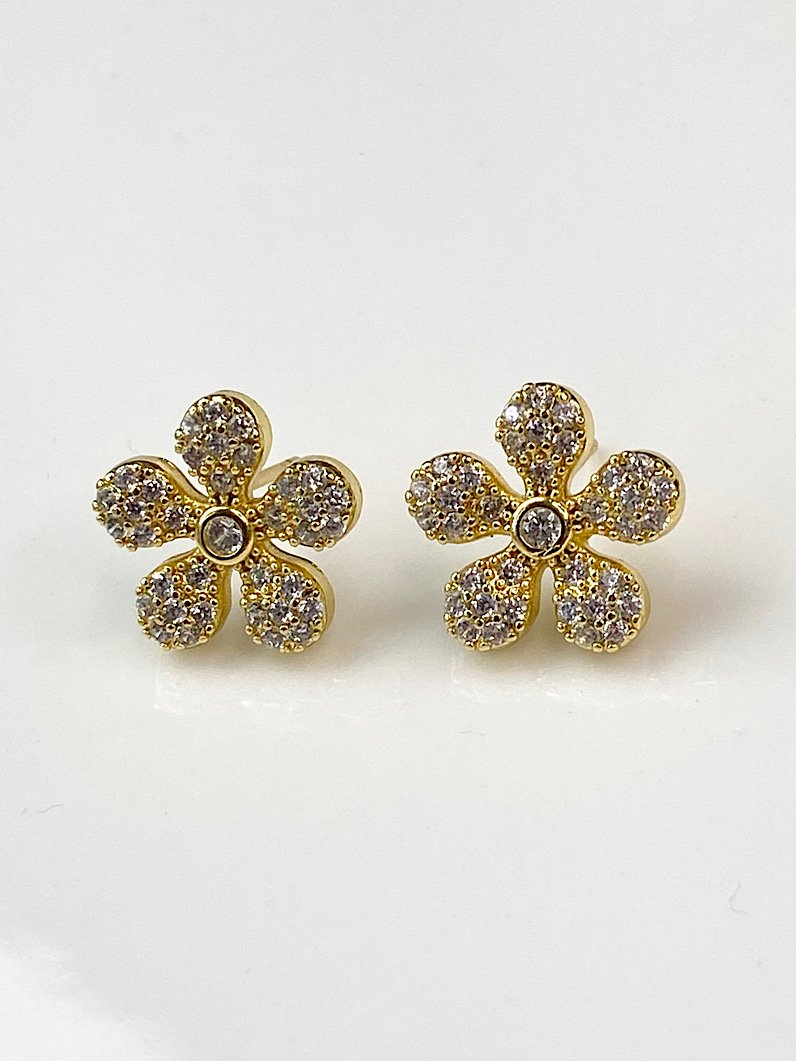 Brinco Folheado de Flor Cravejado Zircônias Dourado