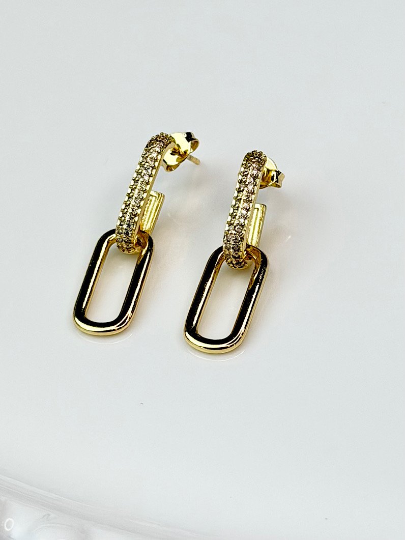 Brinco Folheado Retângulo Cravejado Dourado