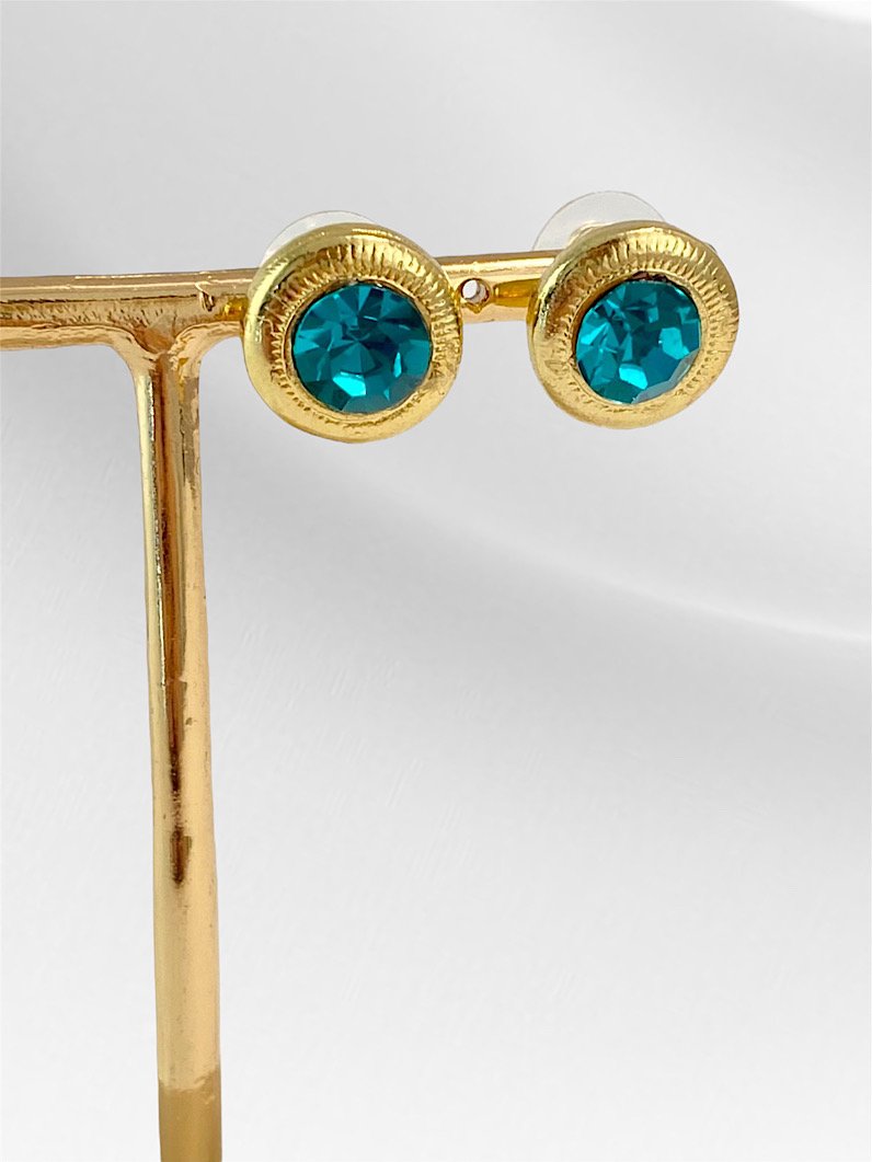 Brinco redondo com strass turquesa dourado