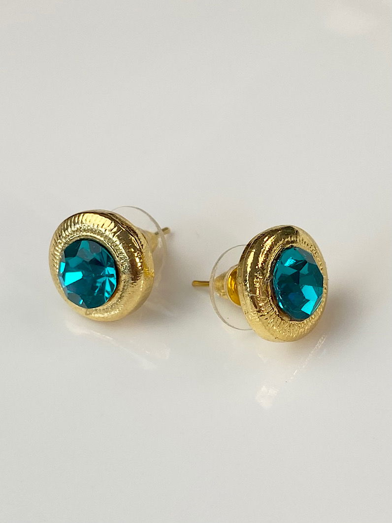 Brinco redondo com strass turquesa dourado