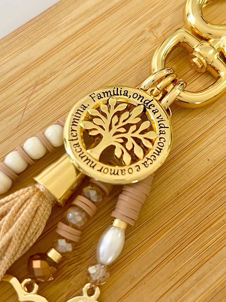 Chaveiro Bege Árvore da Vida Dourado