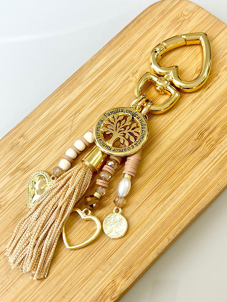 Chaveiro Bege Árvore da Vida Dourado