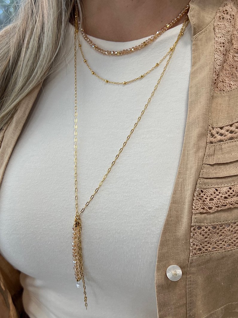 Colar 3 Voltas Julie Cristais Dourado - Bege