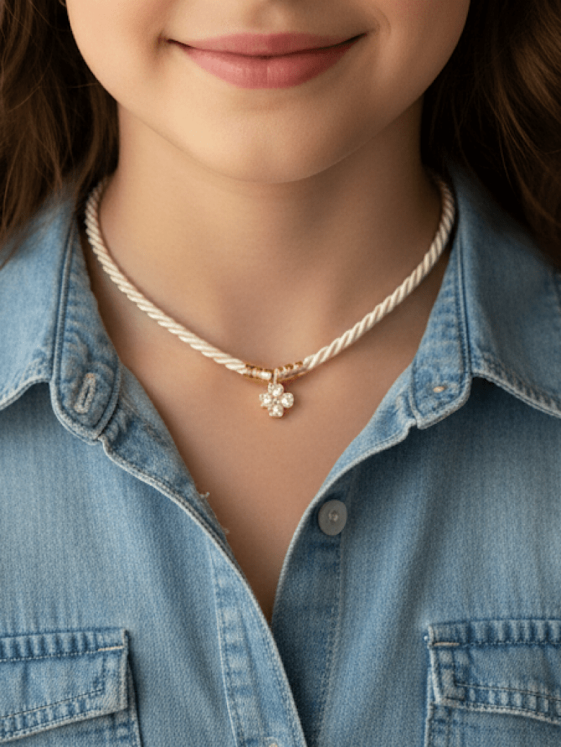 Colar Ajustável Teen Bege de Trevo Micro Cravejado