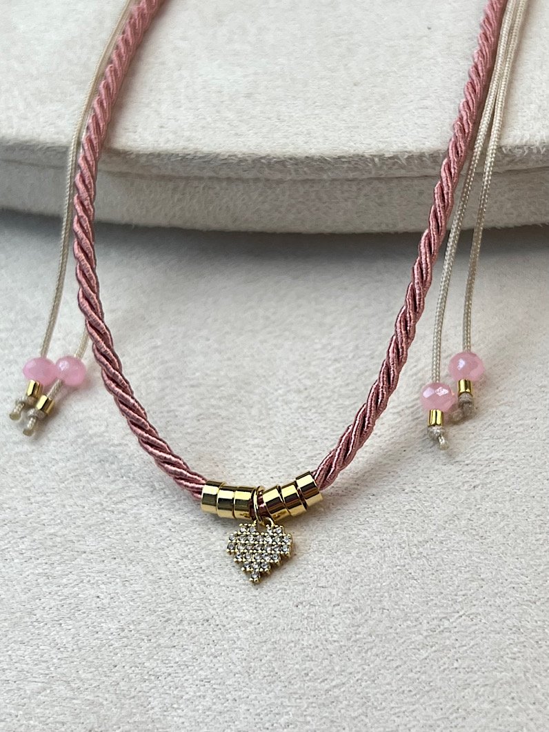Colar Ajustável Teen Rosa de Coração Micro Cravejado