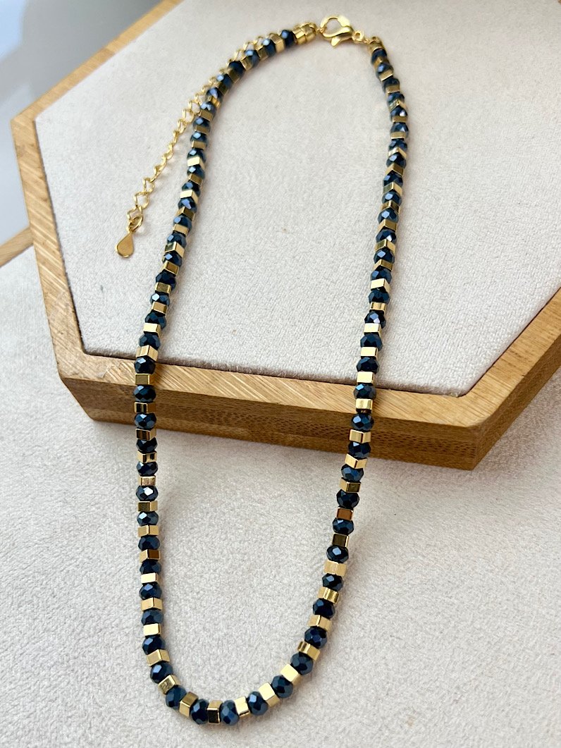Colar Choker Anastácia Cristais Dourados - Marinho