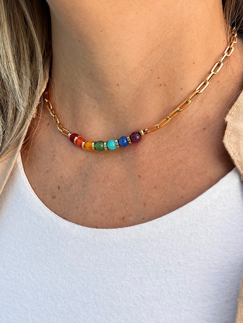 Colar Choker Corrente 7 Chakras - Dourado