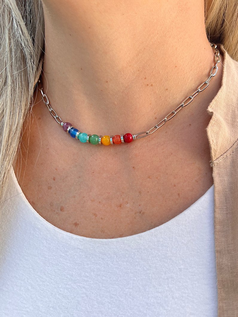 Colar Choker Corrente 7 Chakras - Prata