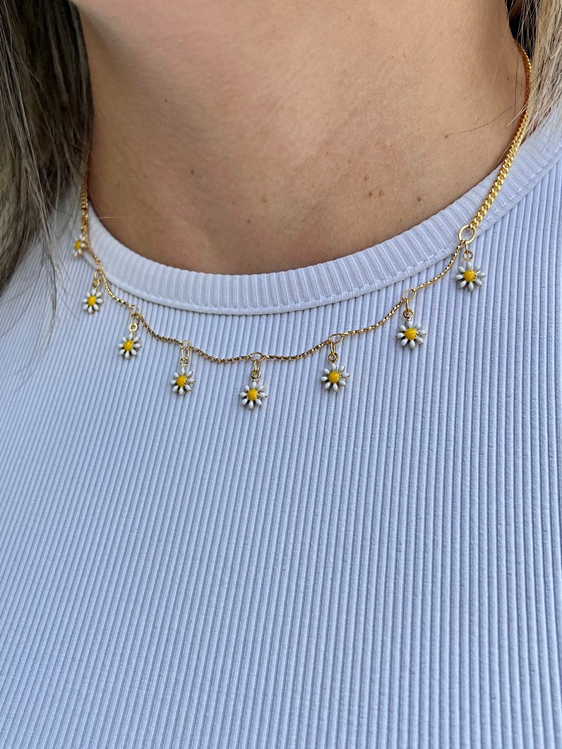 Colar Choker de Florzinha Dourada - Branco