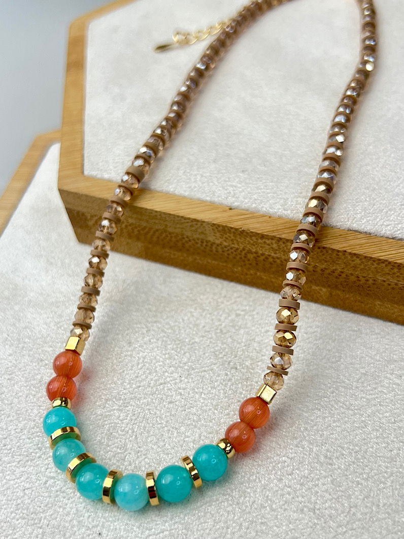 Colar Choker Jade Amazonita e Laranja Dourada