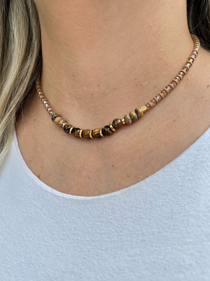 Colar Choker Olho de Tigre e Jaspe Terra Dourada