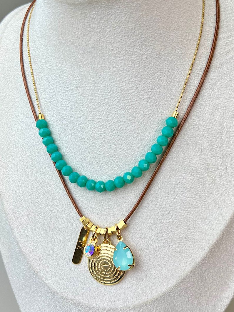 Colar Duplo Anne Pingente Oração do Pai Nosso Dourado - Turquesa