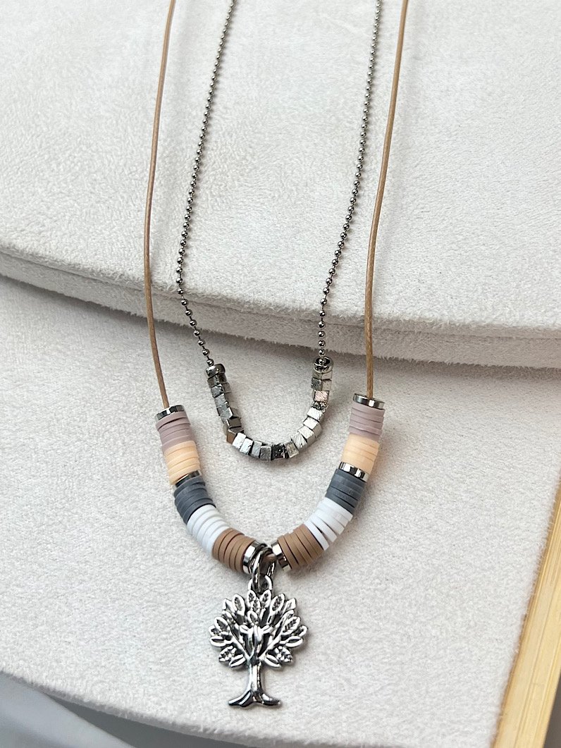 Colar Duplo Catarina Bege Pingente Árvore da Vida