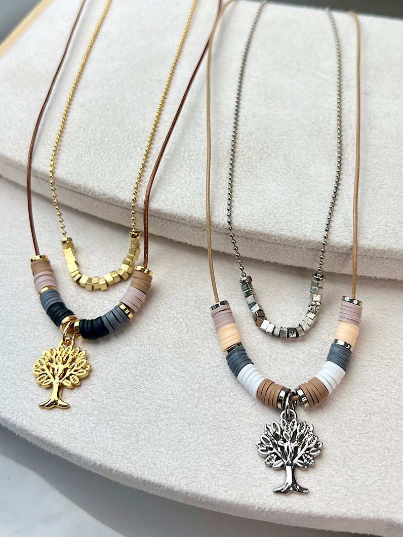 Colar Duplo Catarina Bege Pingente Árvore da Vida
