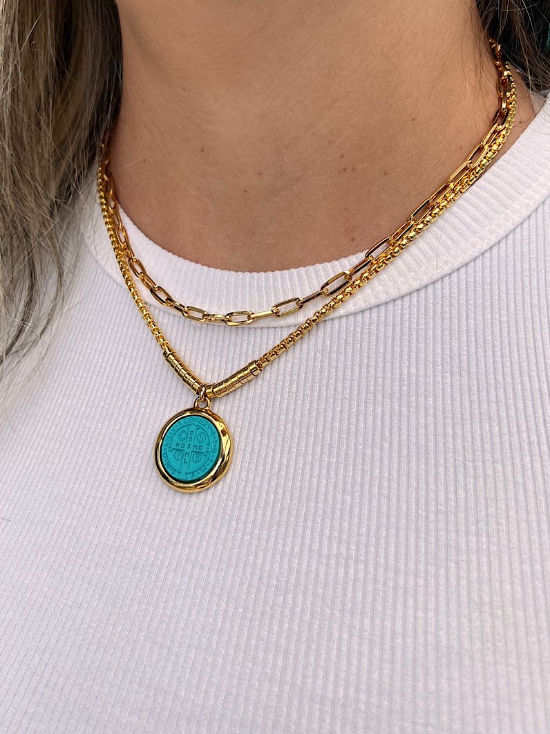 Colar Duplo Elisa São Bento Dourada - Azul