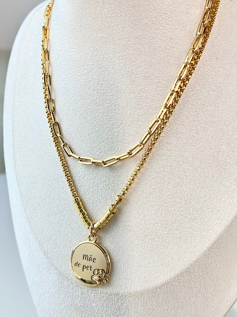 Colar Duplo Escrita Mãe de Pet Dourado - Dourado