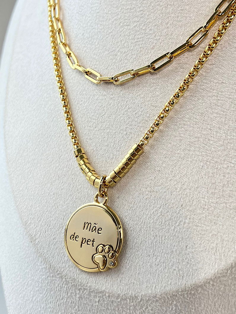Colar Duplo Escrita Mãe de Pet Dourado