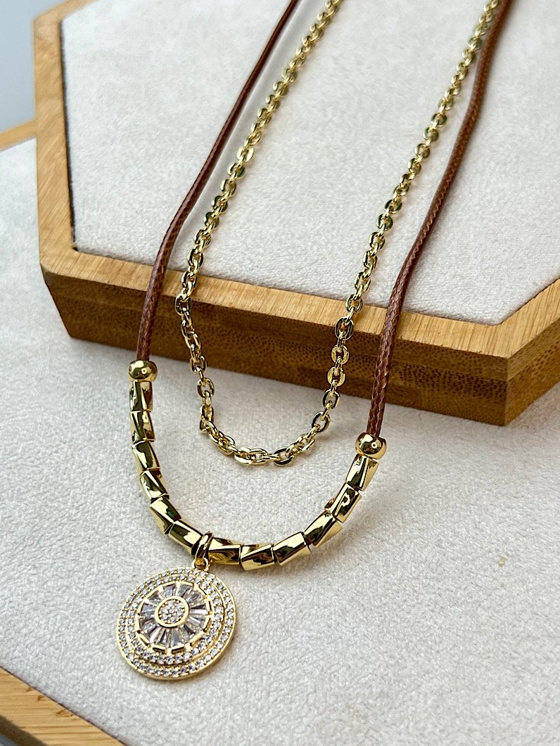 Colar Duplo Larissa Pingente Pizza de Zircônia Dourado