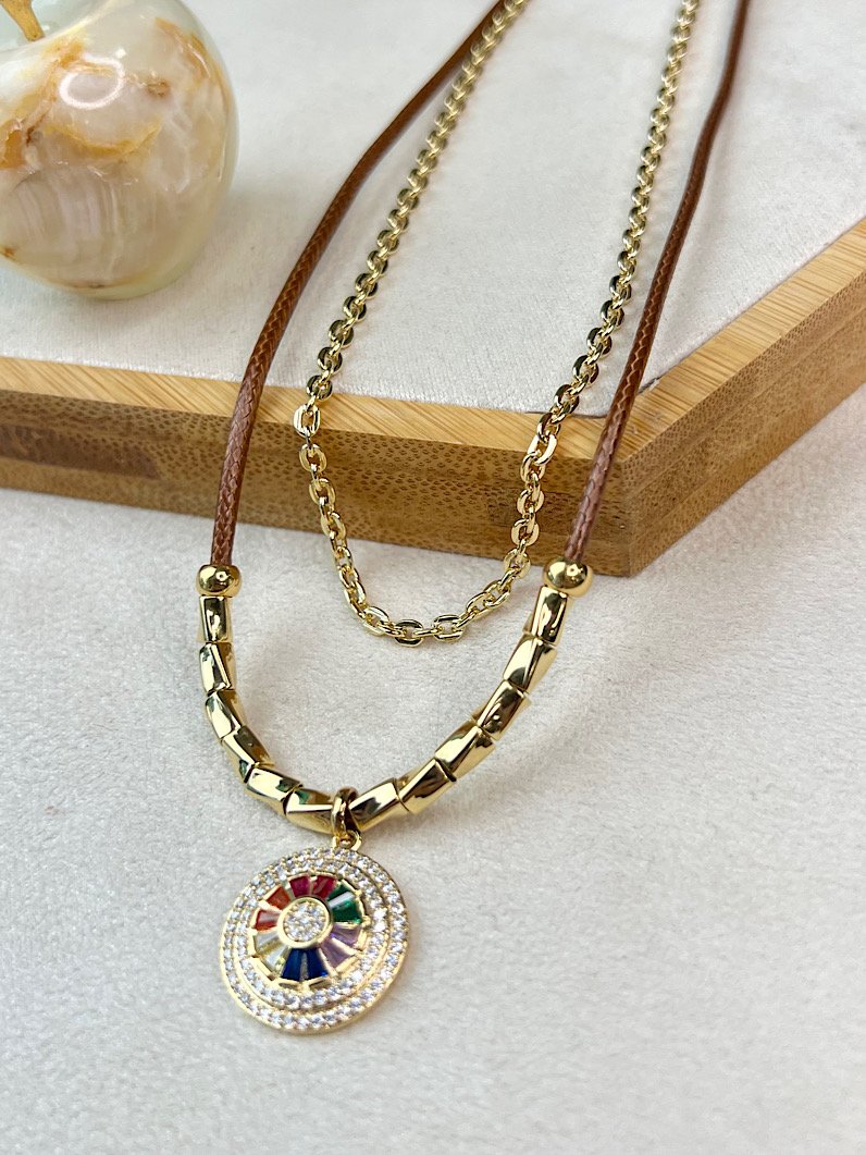 Colar Duplo Larissa Pingente Pizza de Zircônia Dourado