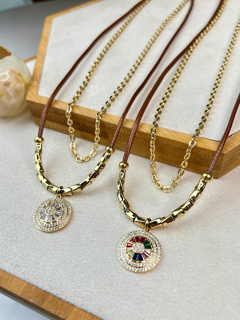 Colar Duplo Larissa Pingente Pizza de Zircônia Dourado