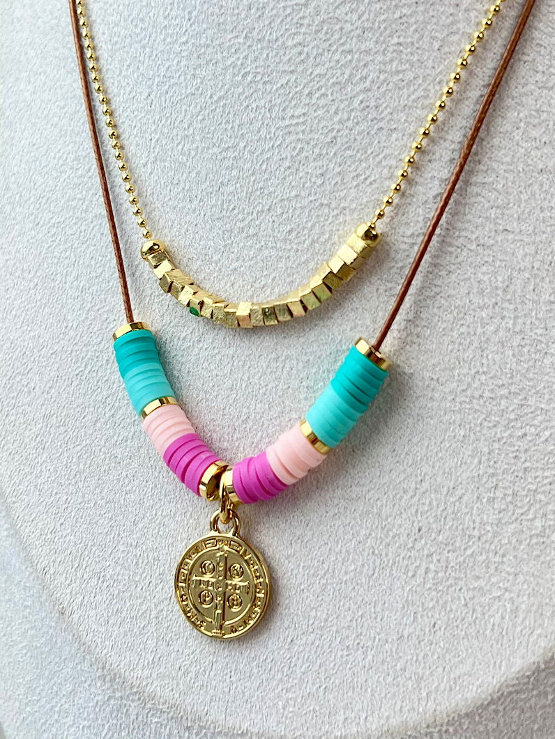 Colar Duplo Milena Colorido São Bento Dourada