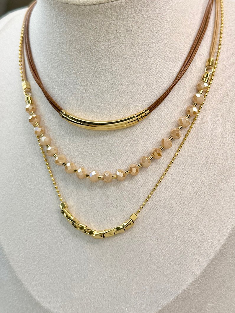 Colar Retrô Triplo de Cristais Dourado