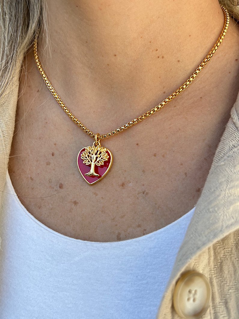 Colar Selma Pingente Coração e Árvore da Vida Dourado - Vermelho
