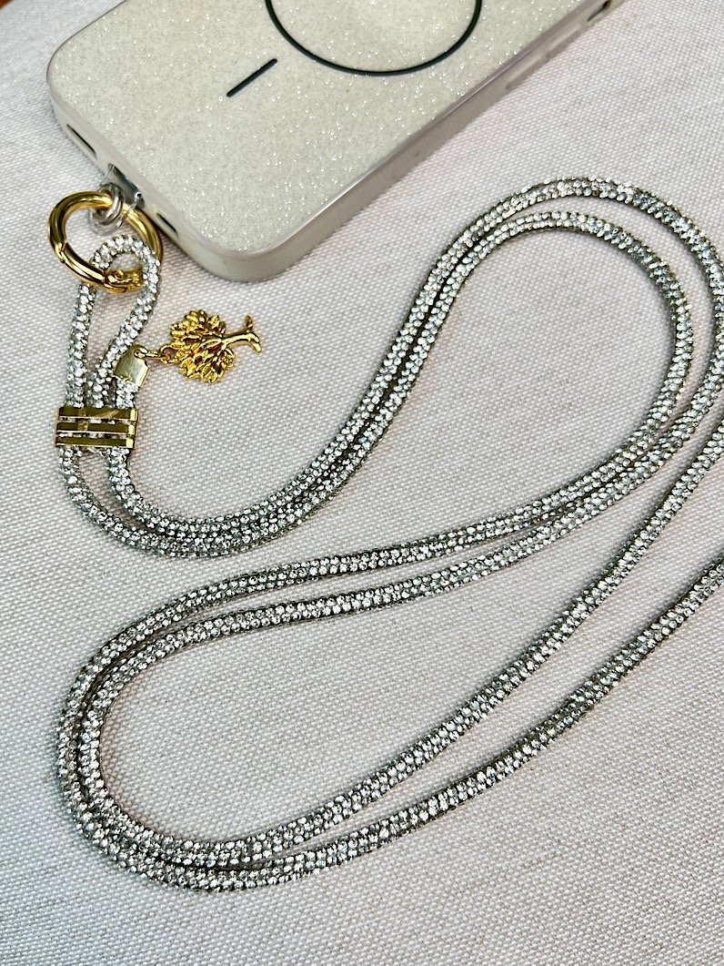 Cordão Pescoço Para Celular Brilhante Cristal Dourado