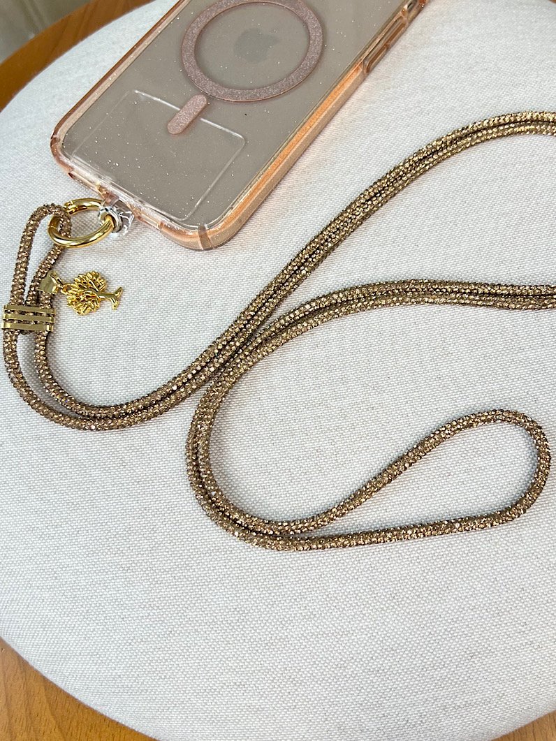 Cordão Pescoço Para Celular Brilhante Marrom Dourado