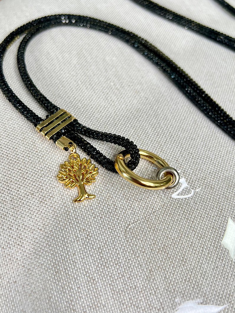 Cordão Pescoço Para Celular Brilhante Preto Dourado