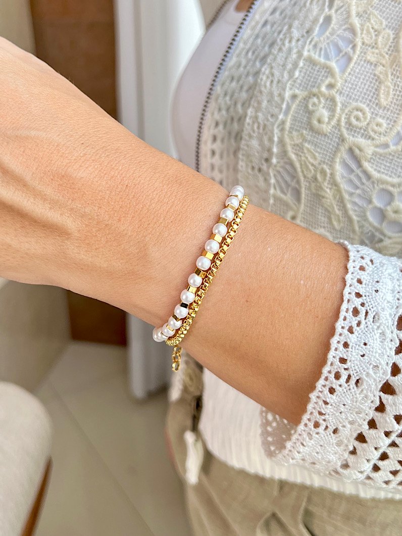 Kit Colar e Pulseira de Pérolas Dourado