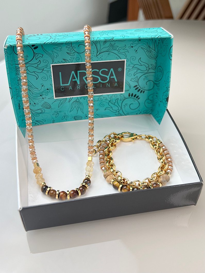Kit Colar e Pulseira Olho de Tigre Dourado