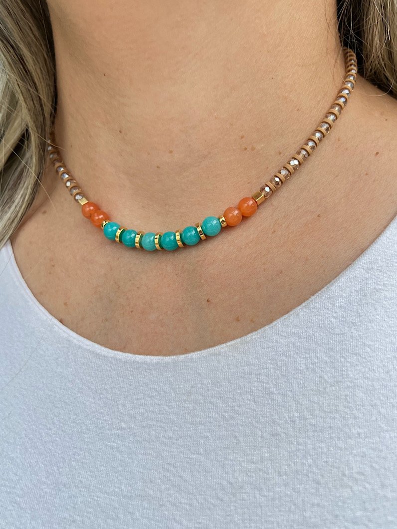 Kit Colar e Pulseira Pedra Jade Amazonita e Laranja
