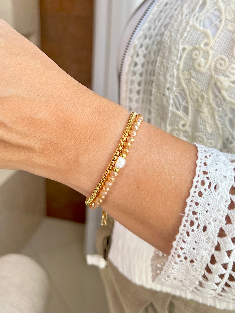 Kit Colar e Pulseira Pérola e Cristais Bege