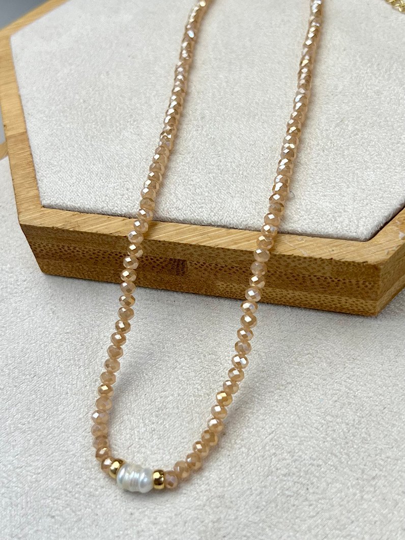 Kit Colar e Pulseira Pérola e Cristais Bege