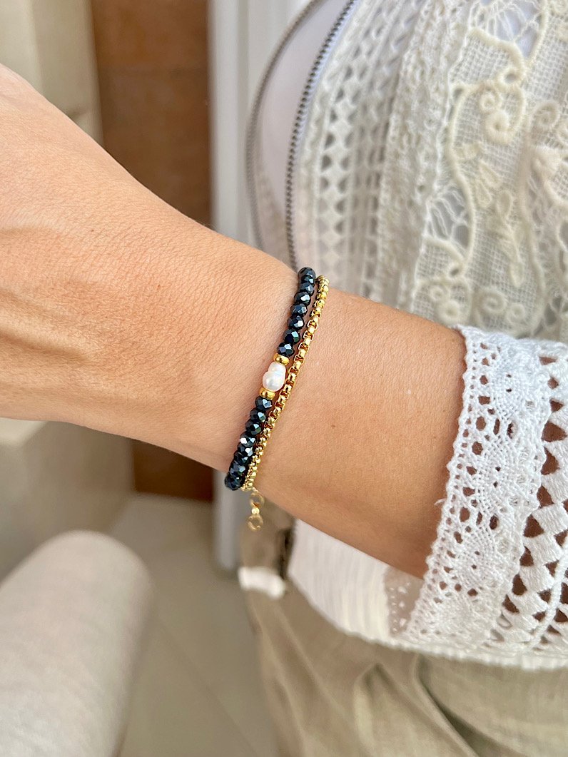 Kit Colar e Pulseira Pérola e Cristais Marinho