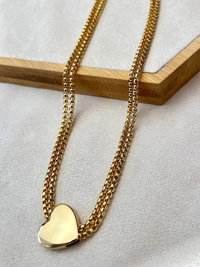 Kit Colares de Coração e Cristais Vermelho Dourado