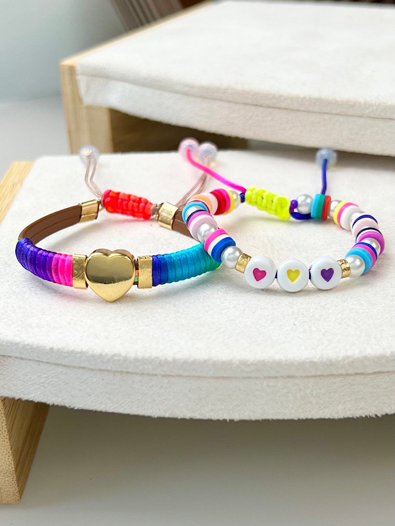 Kit de Pulseiras Ajustável Infantil Coração Dourado - Colorido