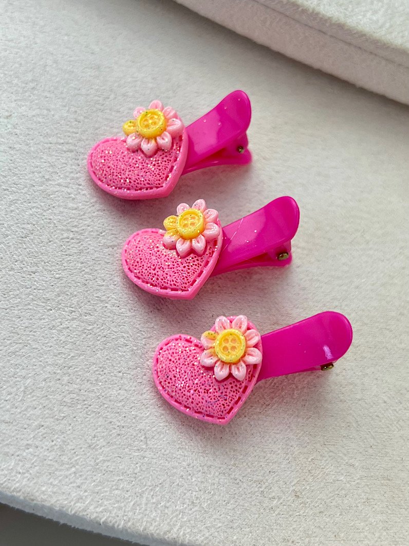 Kit Presilhas Infantil de Coração e Flor - Rosa