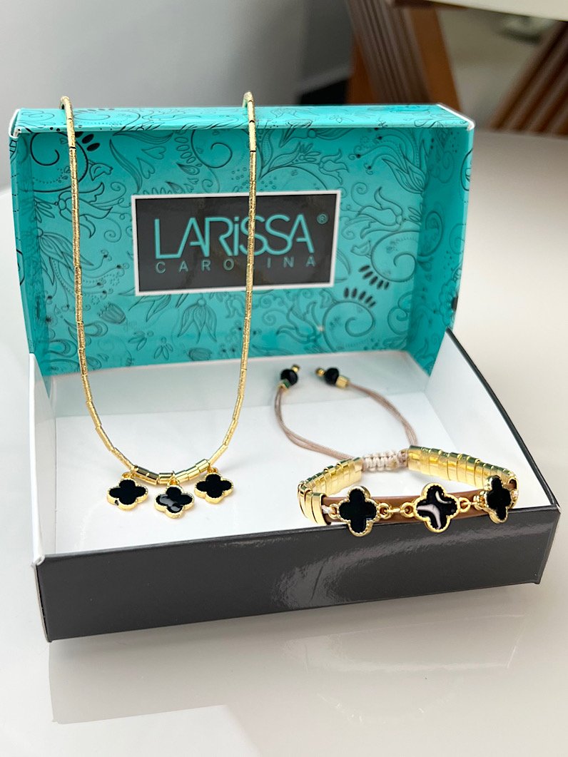 Kit Colar e Pulseira de Trevo Dourado - Preto