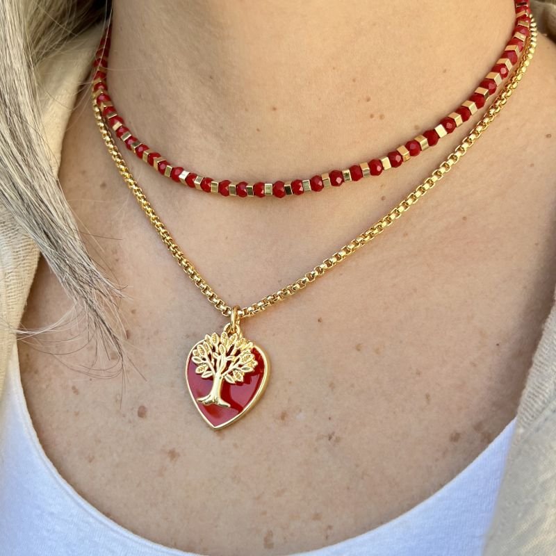 Mix de Colares Vermelho Cristais e Coração Árvore da Vida - Dourado