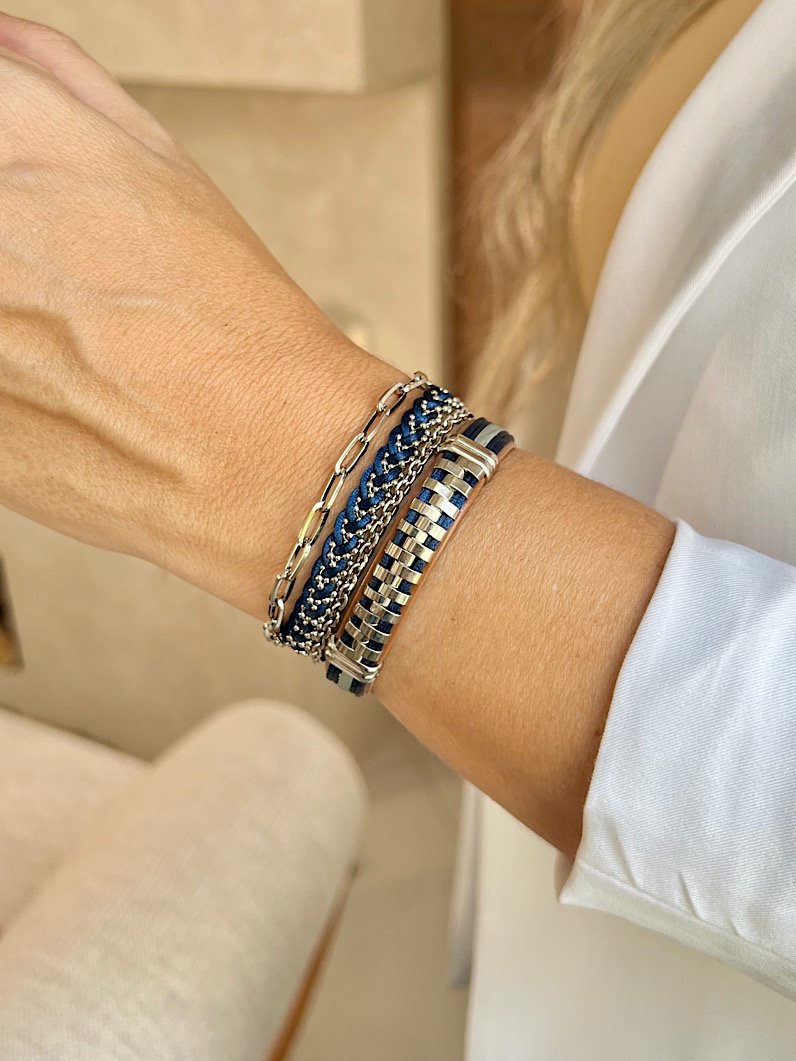 Mix Pulseiras Intercalada e Trança Marinho - Prata