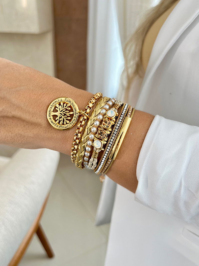 Pulseira Ajustável Anna Strass e Cristal Dourada