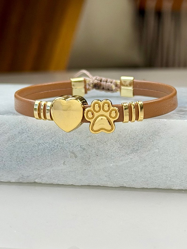 Pulseira Ajustável de Couro Pet e Coração