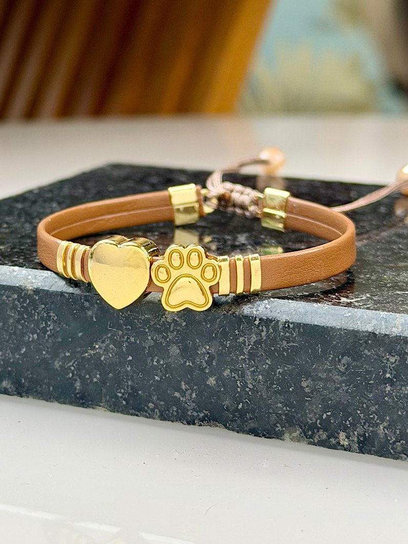 Pulseira Ajustável de Couro Pet e Coração