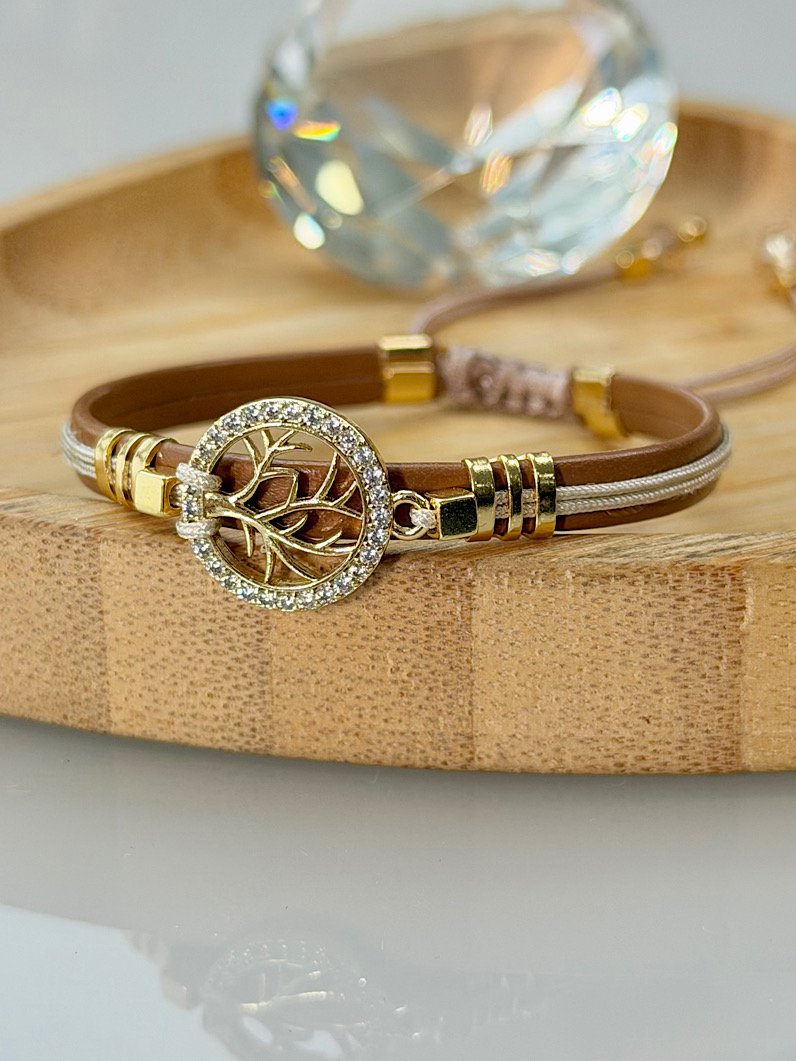 Pulseira Ajustável de Couro Pingente Árvore da Vida